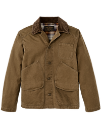 Men's canvas barn jacket in tan brown with corduroy collar, plaid lining, and multiple pockets