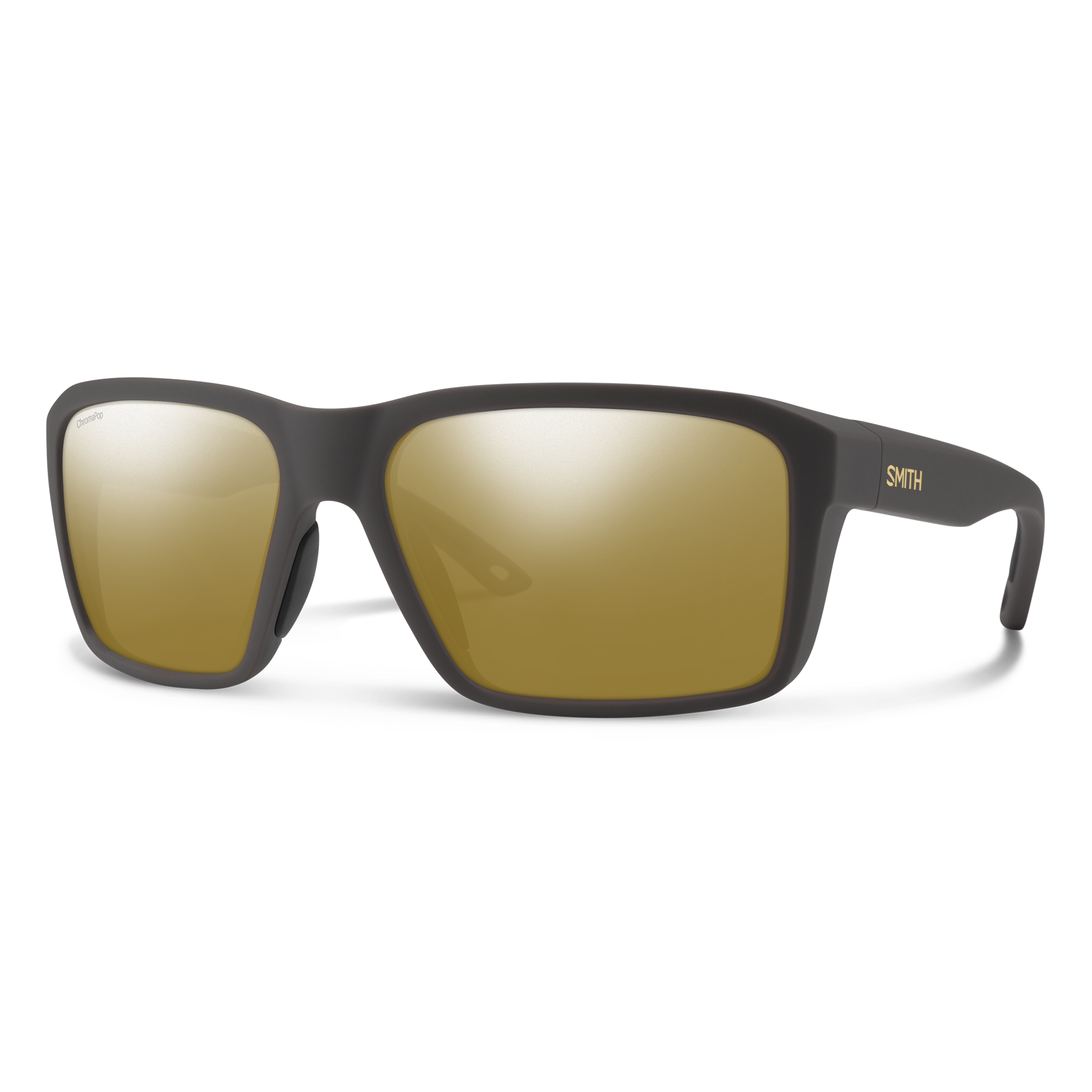 Square frame sunglasses with matte dark gray frame and gold mirrored lenses, three-quarter view