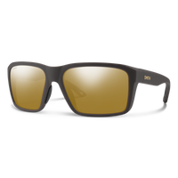 Square frame sunglasses with matte dark gray frame and gold mirrored lenses, three-quarter view