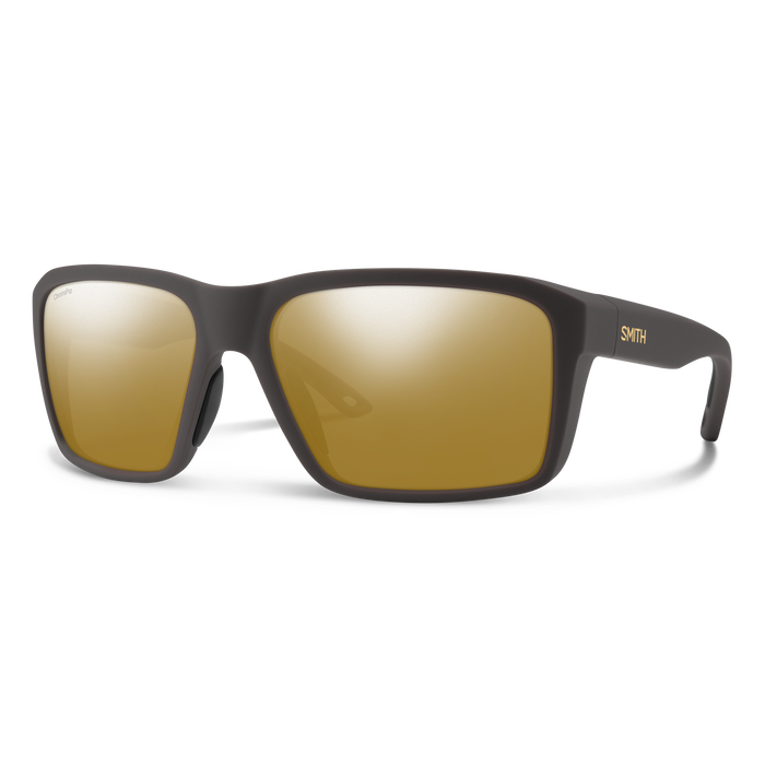Square frame sunglasses with matte dark gray frame and gold mirrored lenses, three-quarter view