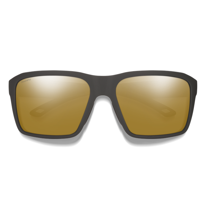 Square frame sunglasses with dark matte frame and bronze mirrored lenses, front view