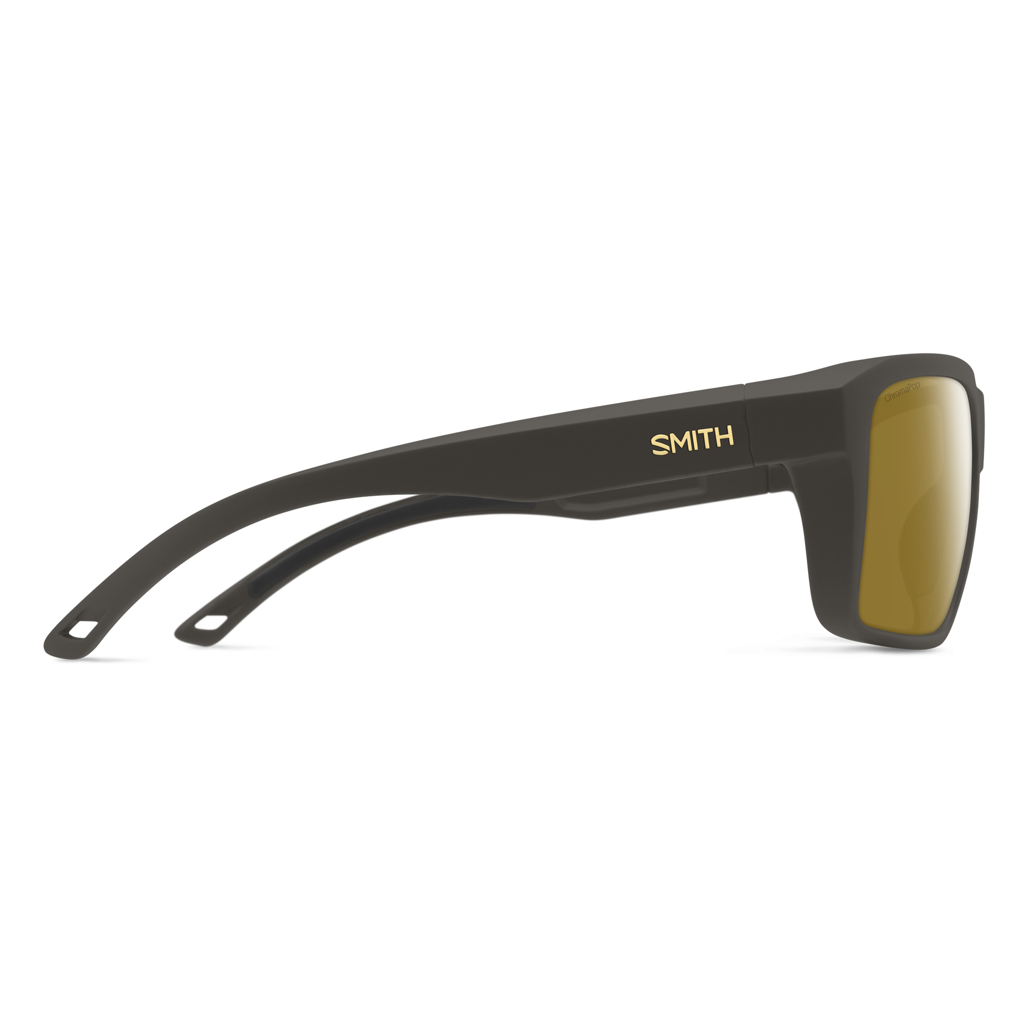 Dark gray sunglasses with bronze mirrored lenses shown in side profile view
