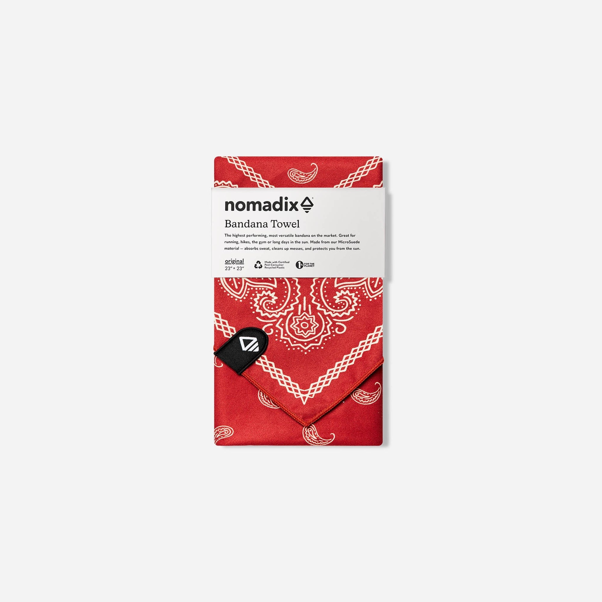 Red bandana towel with white paisley pattern in product packaging