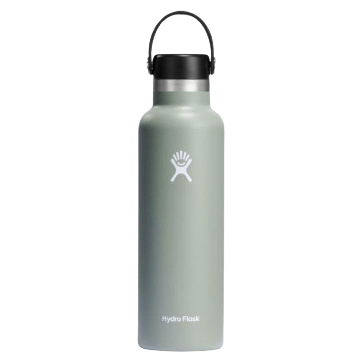 Sage green insulated stainless steel water bottle with black flex cap and carry loop, front view