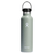Sage green insulated stainless steel water bottle with black flex cap and carry loop, front view