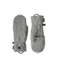 Pair of fleece mittens with button closure and wrist strap, front and back view