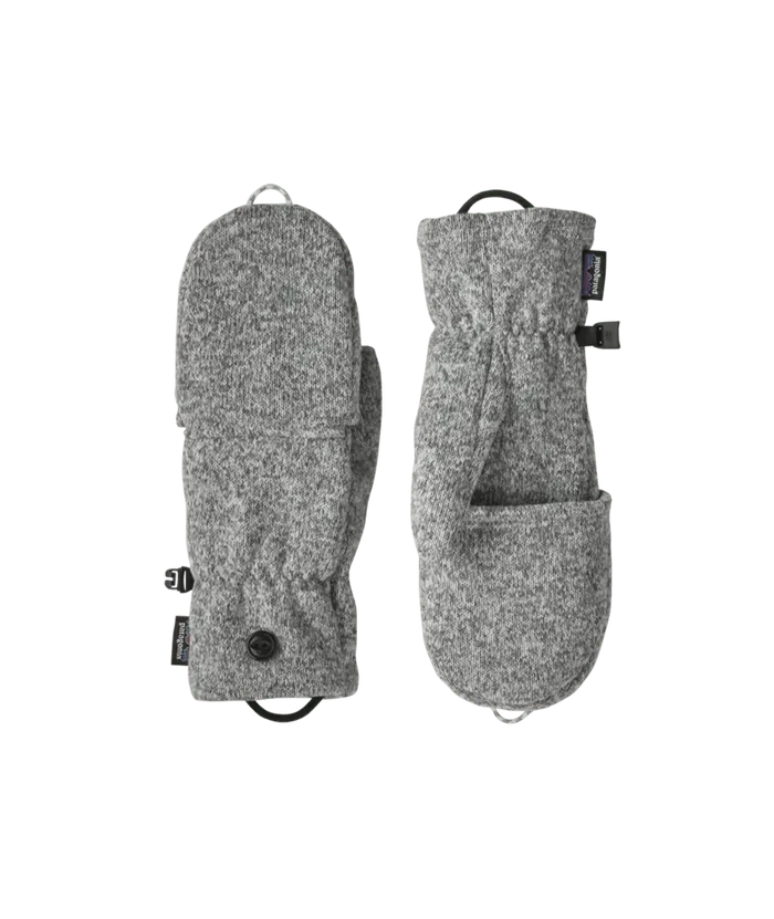 Pair of fleece mittens with button closure and wrist strap, front and back view