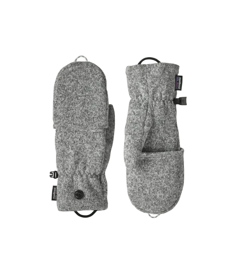 Pair of fleece mittens with button closure and wrist strap, front and back view