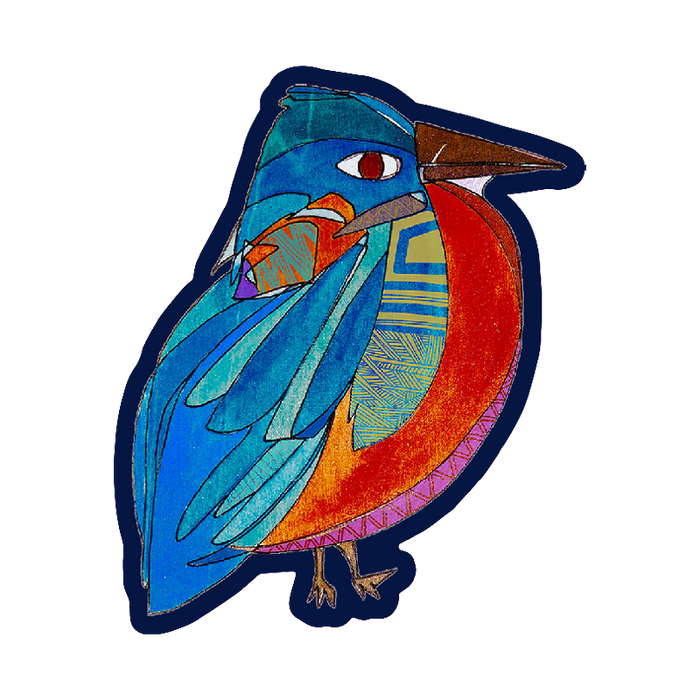 Colorful embroidered bird patch with blue wings, red body, and geometric patterns on white background