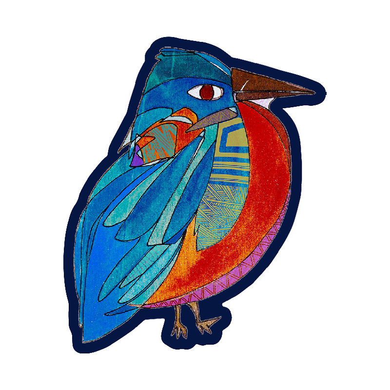 Colorful embroidered bird patch with blue wings, red body, and geometric patterns on white background