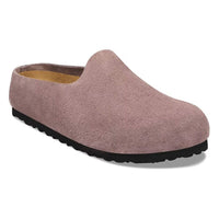 Slip-on suede clog mule with closed toe, textured upper, and black rubber sole, angled side view