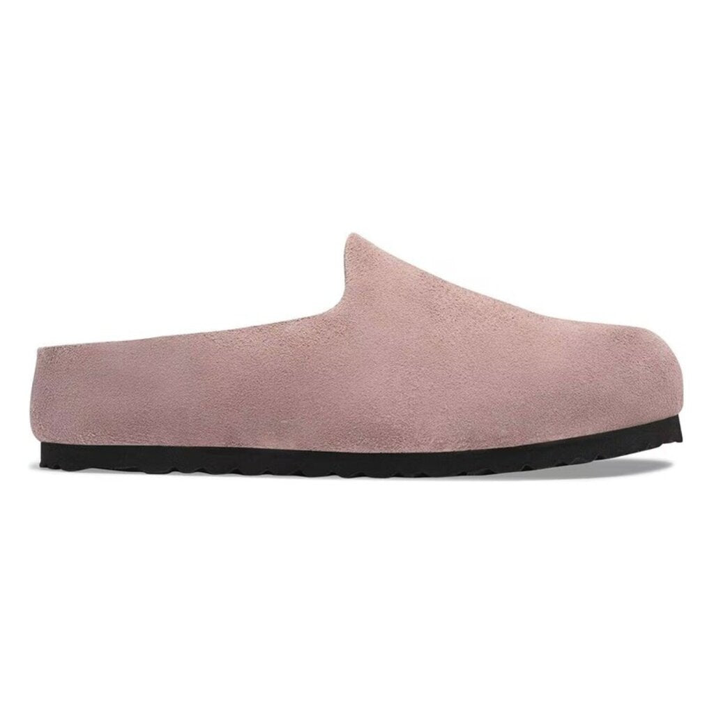 Slip-on suede clog mule with closed toe and black rubber sole, side view