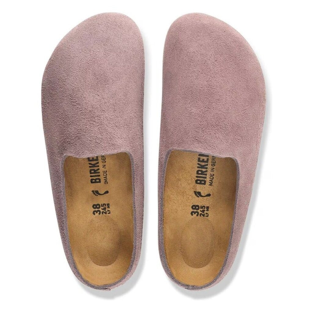 Pair of suede slip-on clogs with cork footbed, top-down view, size 38