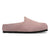 Slip-on suede clog mule with closed toe and black rubber sole, side view