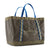 Large canvas tote bag with blue handles, zippered pocket, and fish logo design