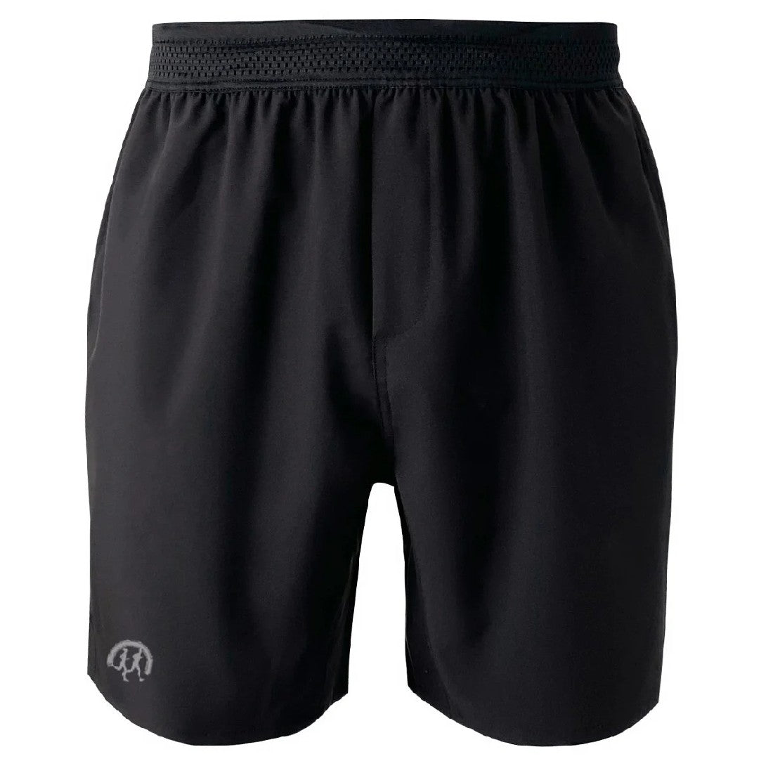 Black athletic running shorts with elastic waistband and mesh detail, front view