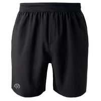 Black athletic running shorts with elastic waistband and mesh detail, front view