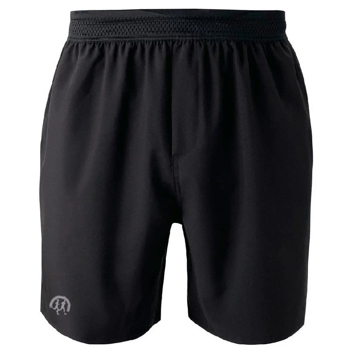 Black athletic running shorts with elastic waistband and mesh detail, front view