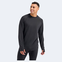 Man wearing black long-sleeve crewneck shirt, front view on white background
