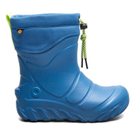 Kids' waterproof winter boot in blue with lime green drawstring closure, side view