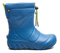 Kids' waterproof rubber rain boot in solid blue with adjustable drawstring collar, side view
