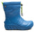 Kids' waterproof rubber rain boot in solid blue with adjustable drawstring collar, side view