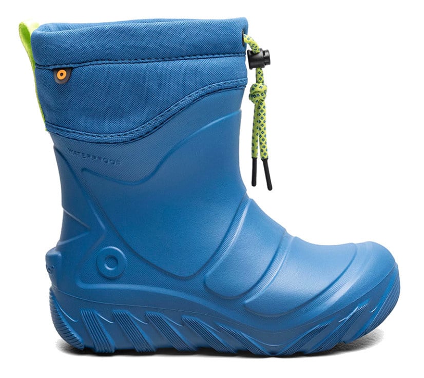 Kids' waterproof rubber rain boot in solid blue with adjustable drawstring collar, side view