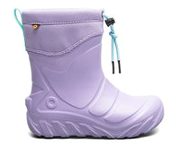 Children's waterproof rubber boot with adjustable drawstring collar and chunky treaded sole, side view