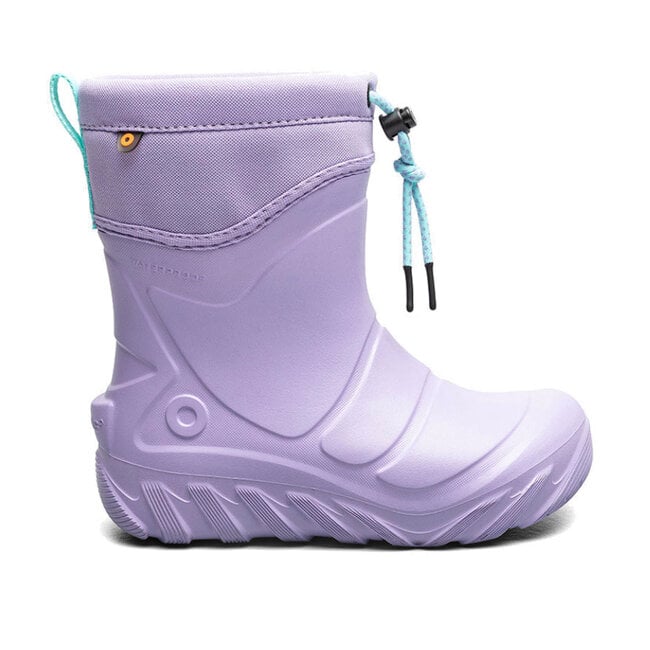 Children's waterproof rubber boot with adjustable drawstring top and chunky sole, side view