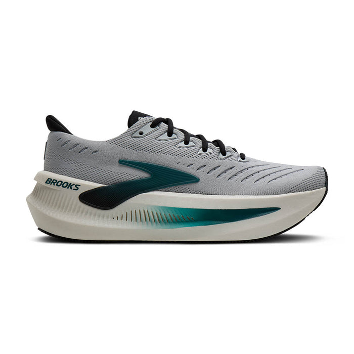 Light gray running shoe with teal accents and thick cushioned sole, side view