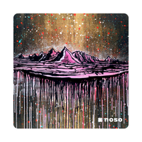 Square patch featuring dripping paint mountain landscape with gold sky and colorful splatter accents