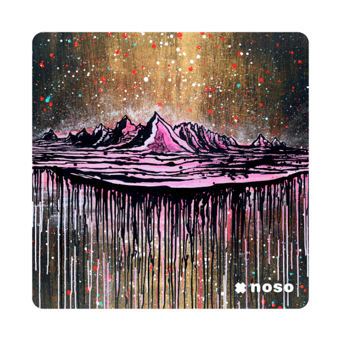 Square patch featuring dripping paint mountain landscape with gold sky and colorful splatter accents