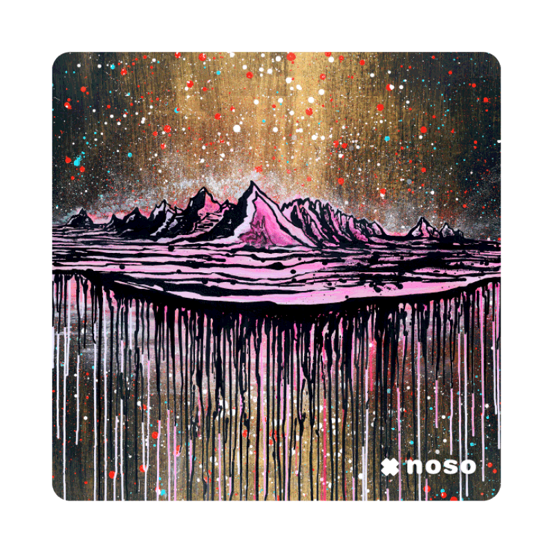 Square patch featuring dripping paint mountain landscape with gold sky and colorful splatter accents