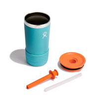 12oz insulated stainless steel tumbler with orange straw lid, straw cleaner, and protective boot, disassembled view