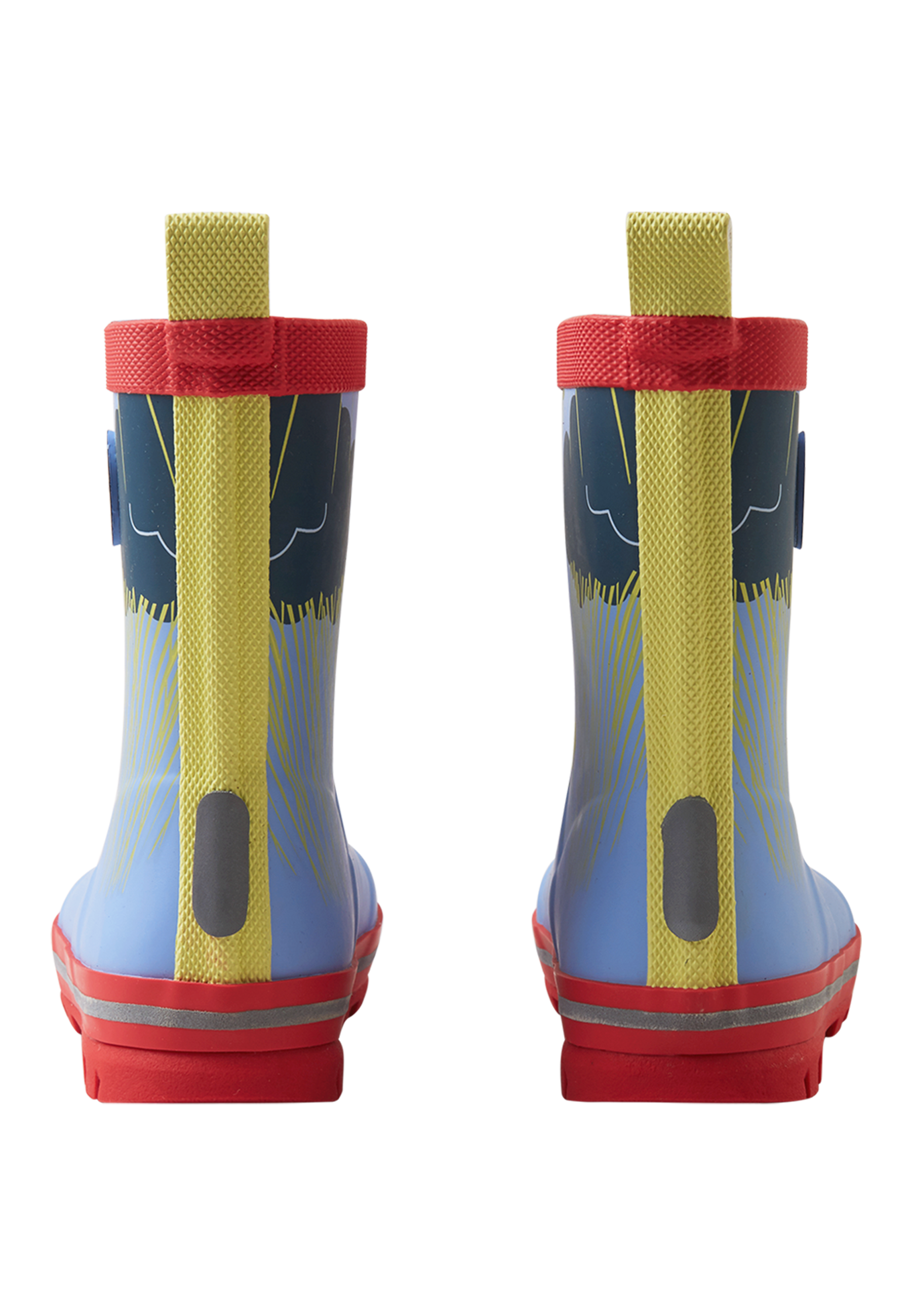 Children's rain boots with blue gradient and colorful character design, back view showing heel tabs