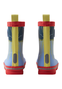 Children's rain boots with blue gradient and colorful character design, back view showing heel tabs