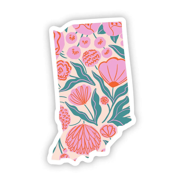 State-shaped sticker with colorful floral pattern featuring pink blooms and green foliage
