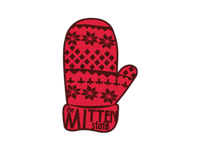 Red mitten-shaped sticker with Nordic pattern featuring snowflakes and geometric designs