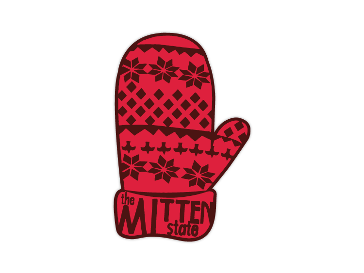 Red mitten-shaped sticker with Nordic pattern featuring snowflakes and geometric designs