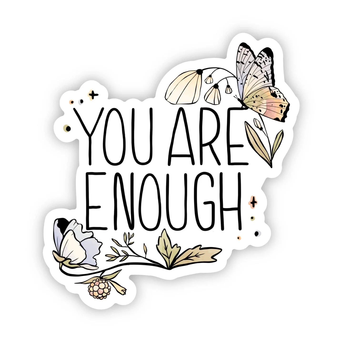 White sticker with motivational text and colorful butterfly and floral illustrations