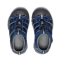 Blue and gray children's closed-toe water sandals with protective toe caps, top-down view