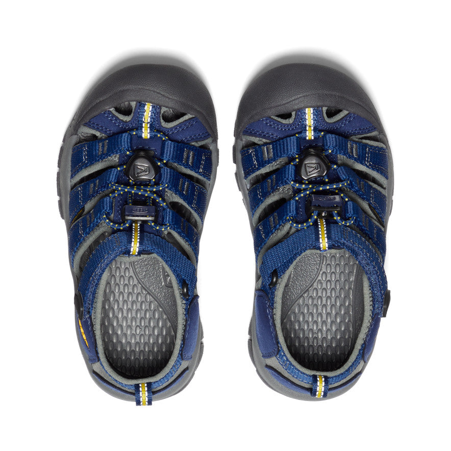 Blue and gray children's closed-toe water sandals with protective toe caps, top-down view