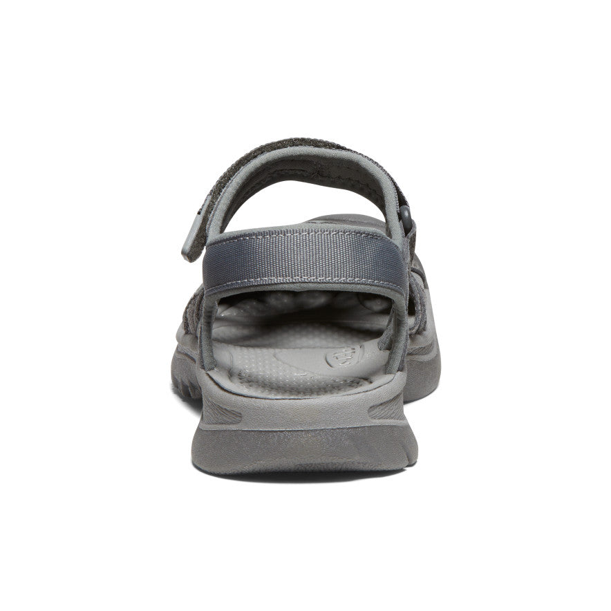 Gray sport sandal with adjustable straps and cushioned sole, rear heel view