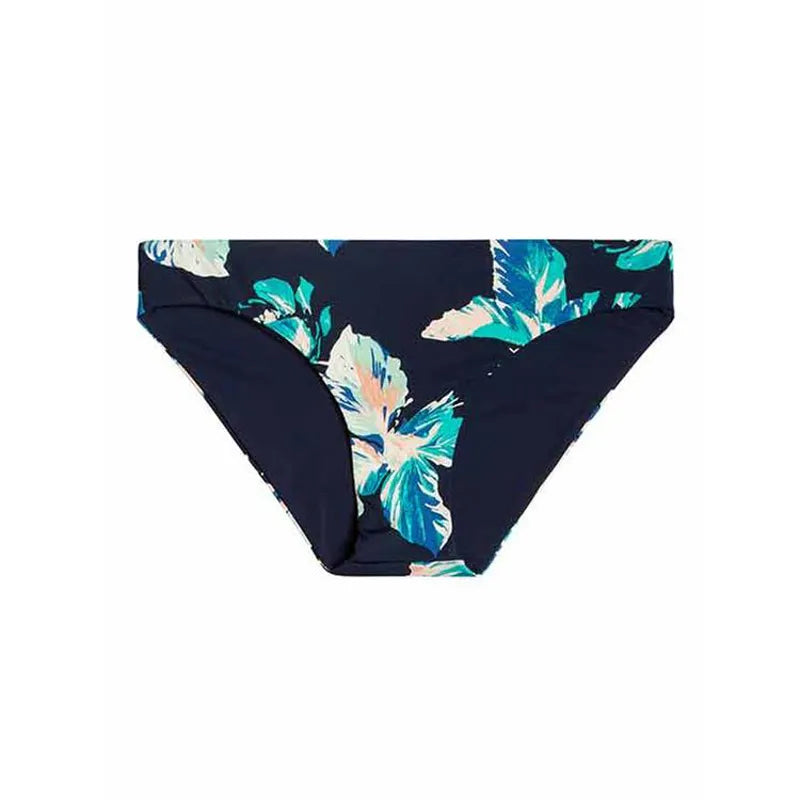 Navy floral bikini bottom with teal and peach hibiscus print, full coverage style