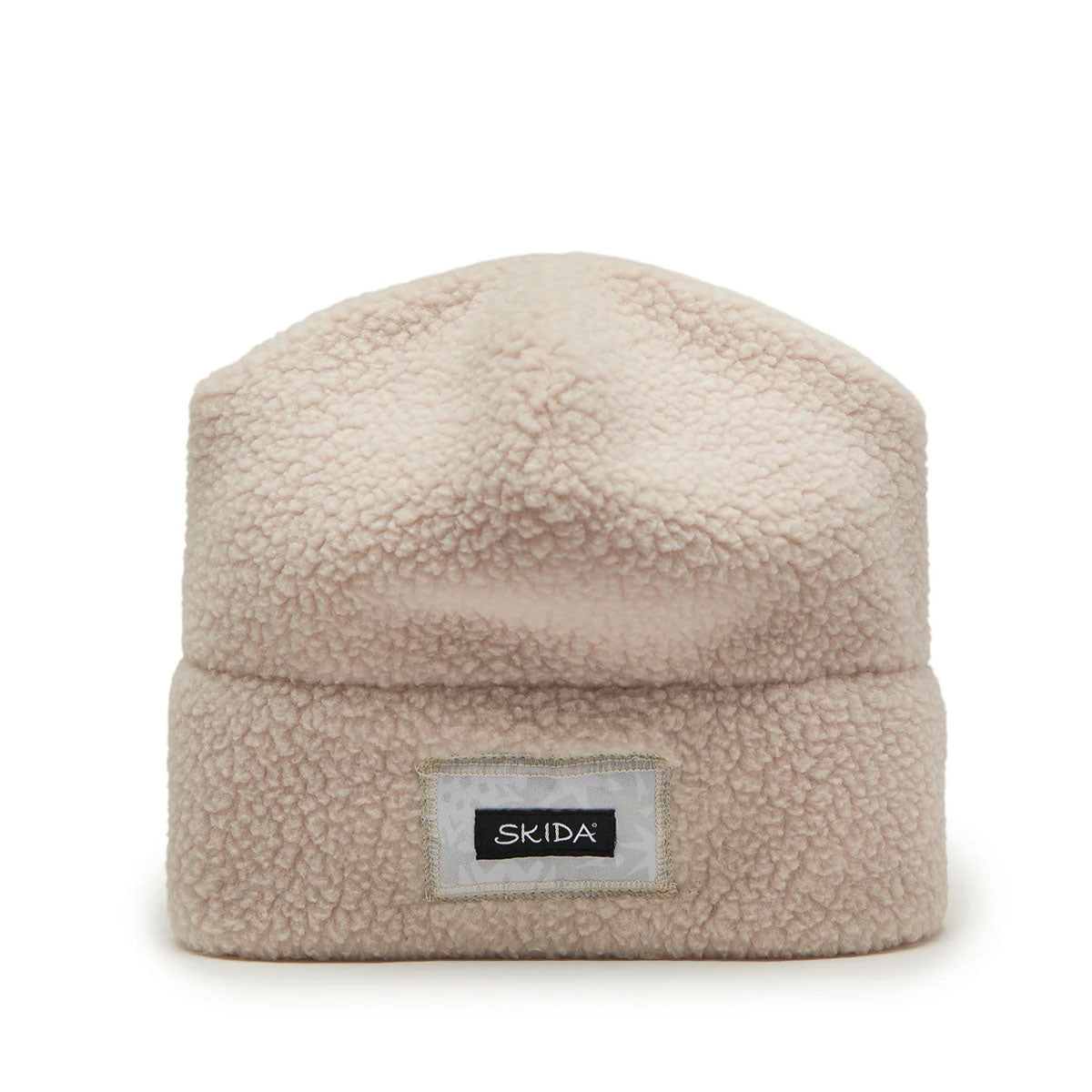 Cream sherpa fleece cuffed beanie with textured high-pile fabric and small brand patch, front view