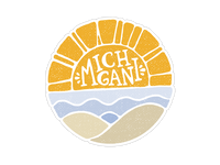 Circular sticker with radiating sun design over stylized landscape with rolling hills