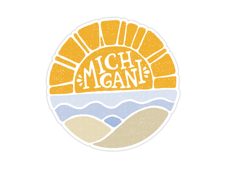 Circular sticker with radiating sun design over stylized landscape with rolling hills