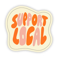 Retro-style sticker with wavy border featuring bold lettering in orange and pink colors