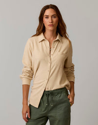 Women's long-sleeve button-front supersoft shirt in light beige, front view on model