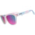 Translucent sunglasses with tie-dye pink and blue frame and purple mirrored lenses